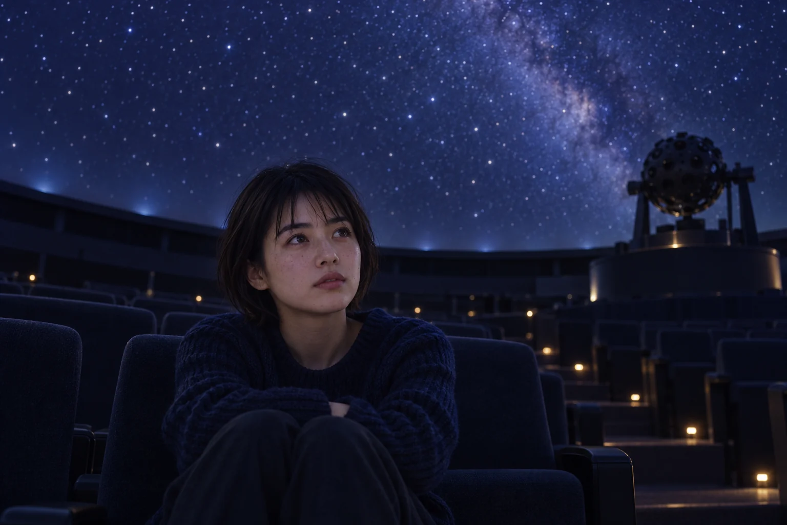 星が映るプラネタリウムで静かに座る夏帆