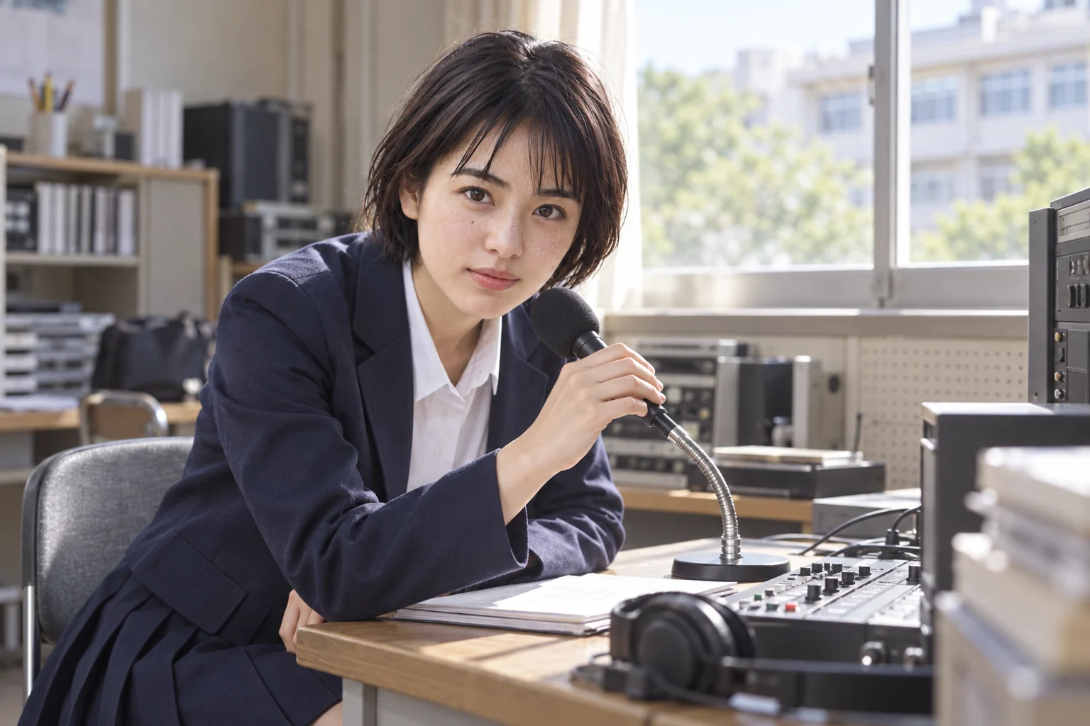 学校の放送室でマイクに向かう千夏