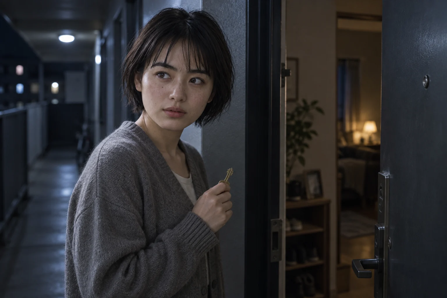 夜の部屋で真鍮の鍵を手にドアを見つめる里帆