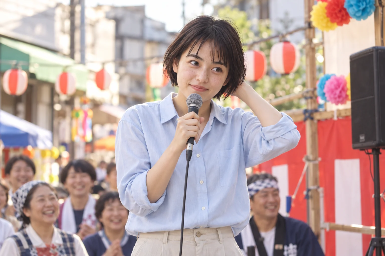 商店街の祭りでマイクを握るひなた