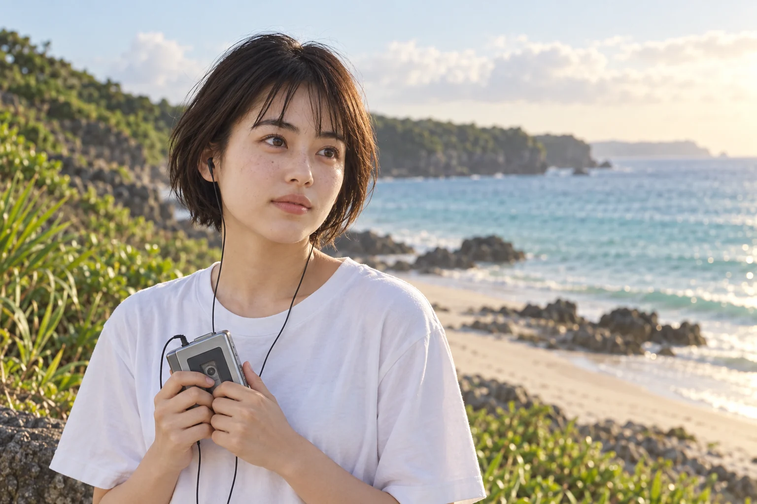 宮古島を思わせる海岸でカセットを手にする遥