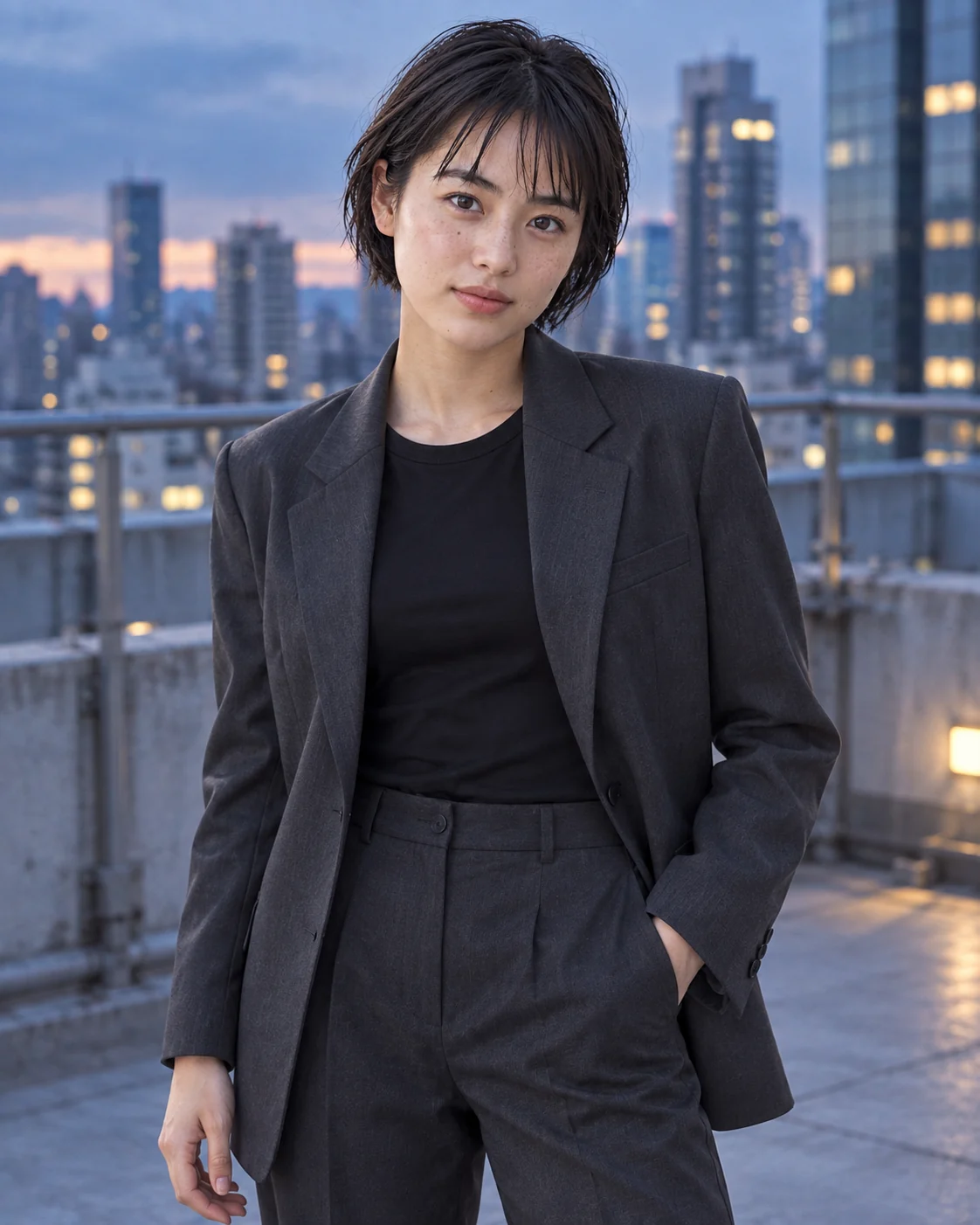 夜の街を背に、チャコールのジャケットと濡れ感のある短髪で佇む宮里澪