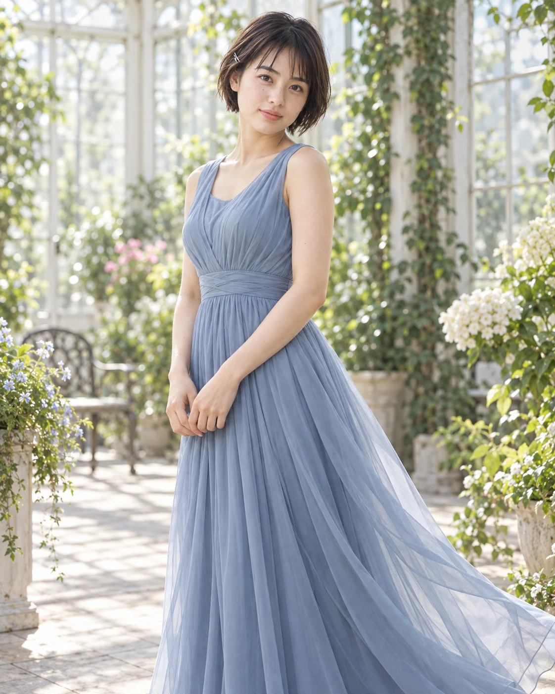 植物に囲まれた温室で淡い青のドレスを着た宮里澪