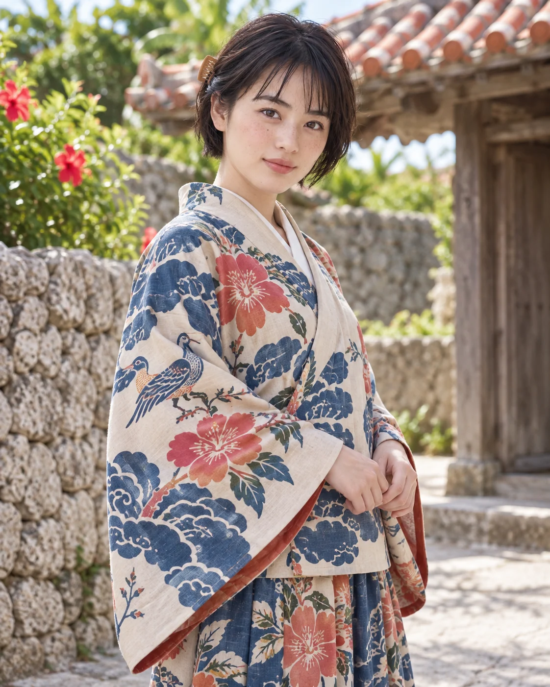 赤瓦の庭で紅型をイメージした琉装に身を包む宮里澪
