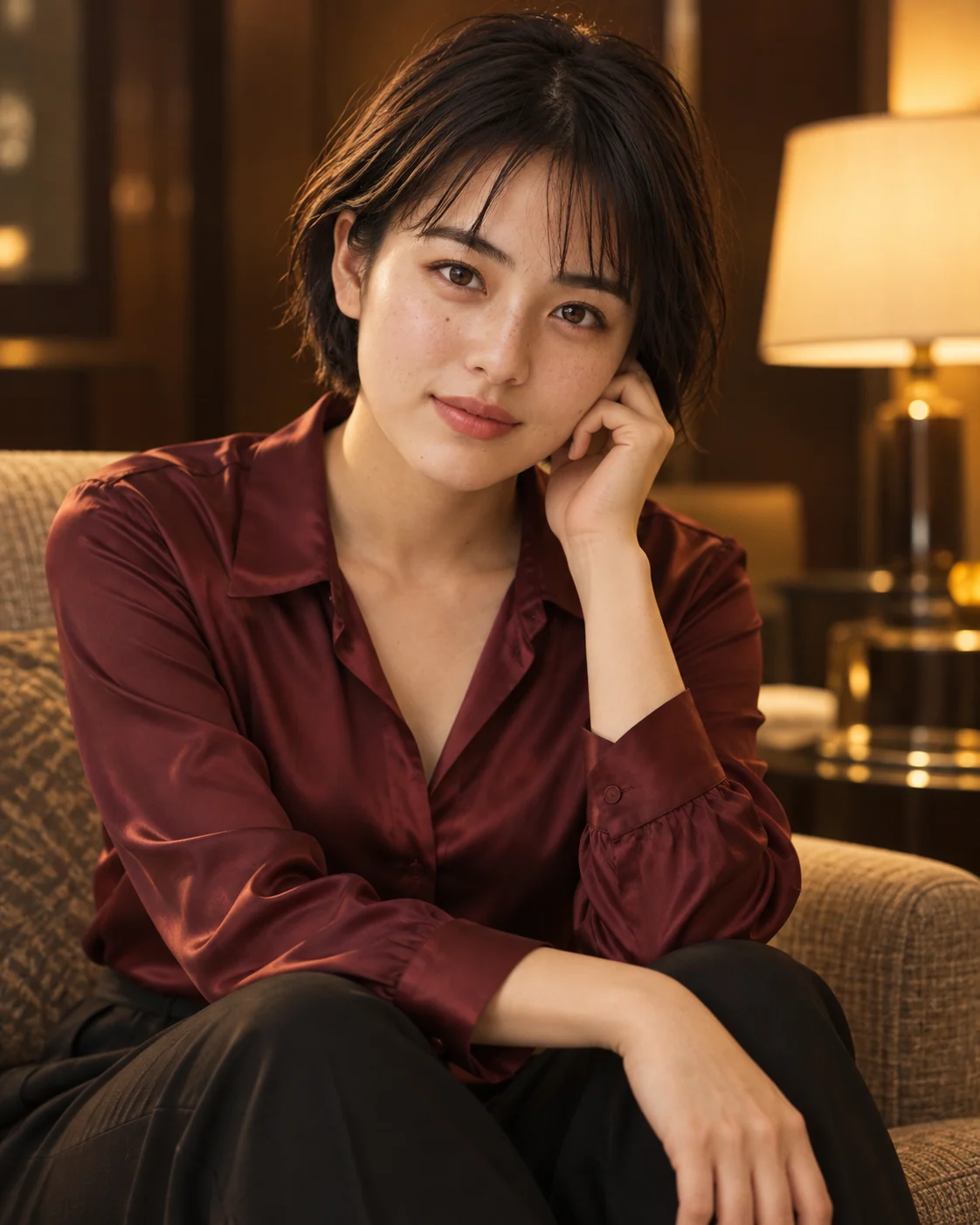 暖かな室内で深いワイン色のブラウスをまとい、やわらかく視線を向ける宮里澪