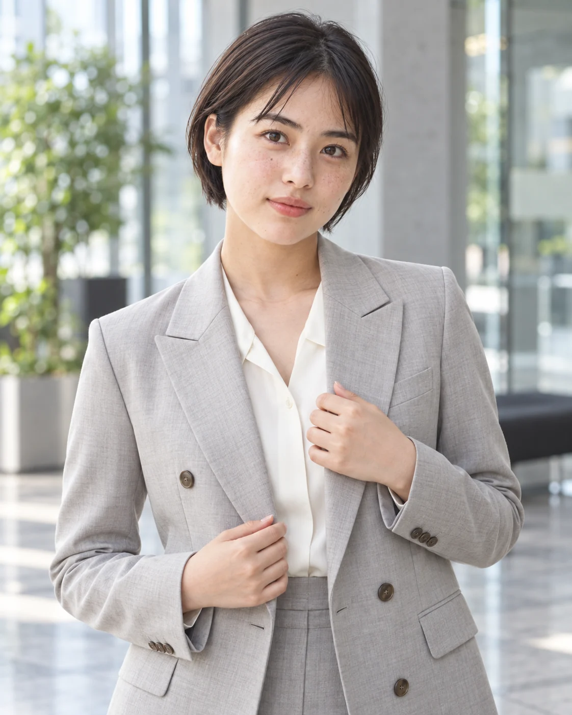 明るい室内で淡いグレーのスーツを着た宮里澪