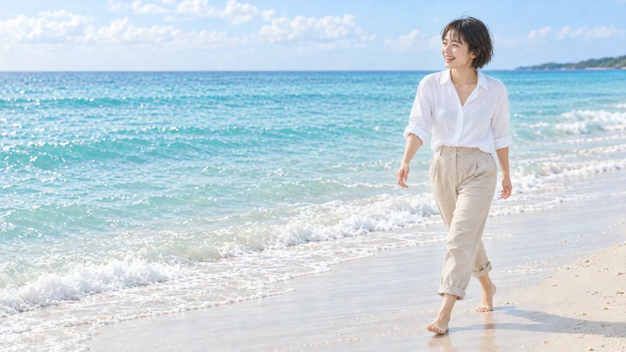 海を見ながら砂浜を歩く宮里澪