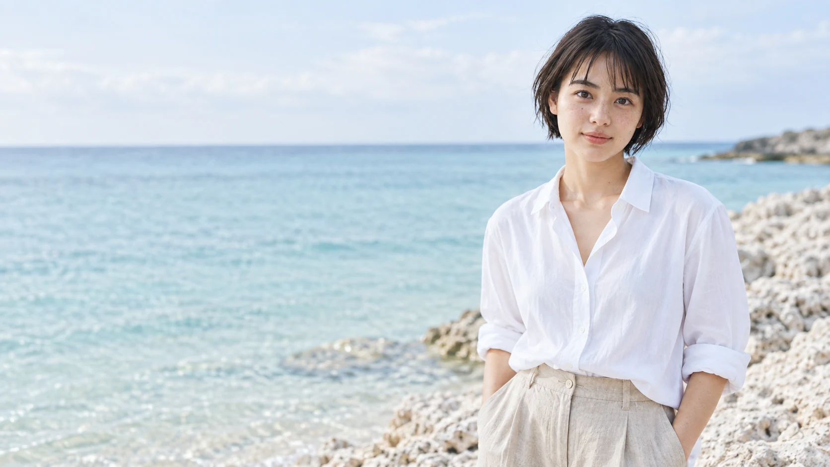 穏やかな海と空を背に、白いシャツで佇む宮里澪