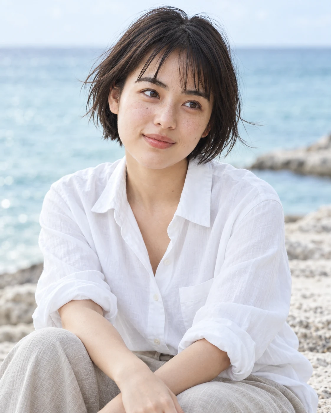 海辺で風を受け、自然に微笑む宮里澪